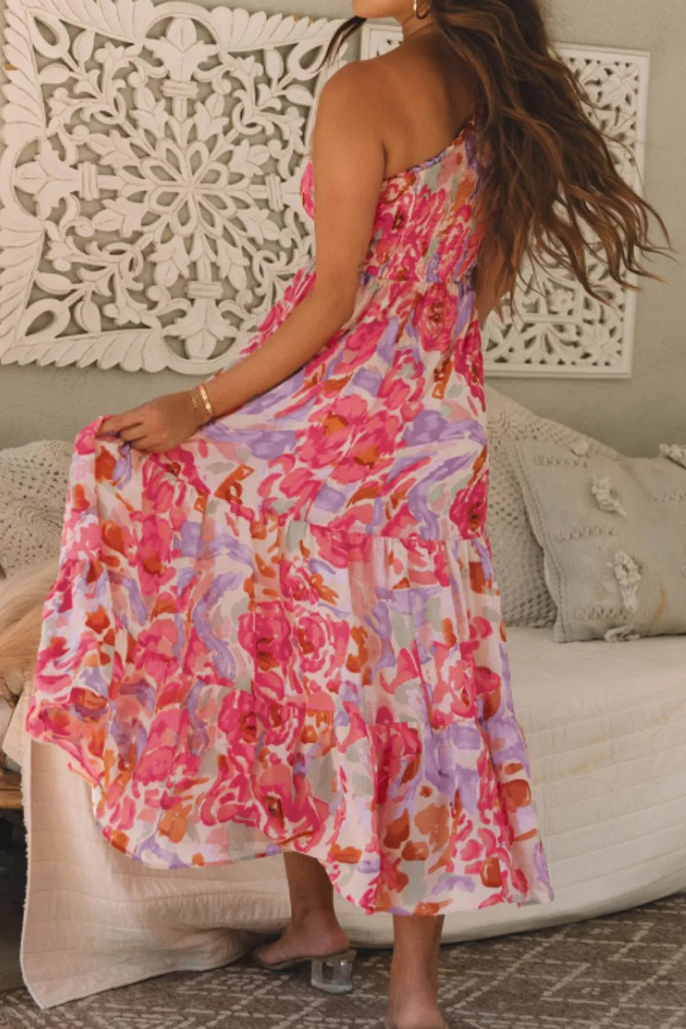Shirred One-Shoulder Maxi Dress in Floral