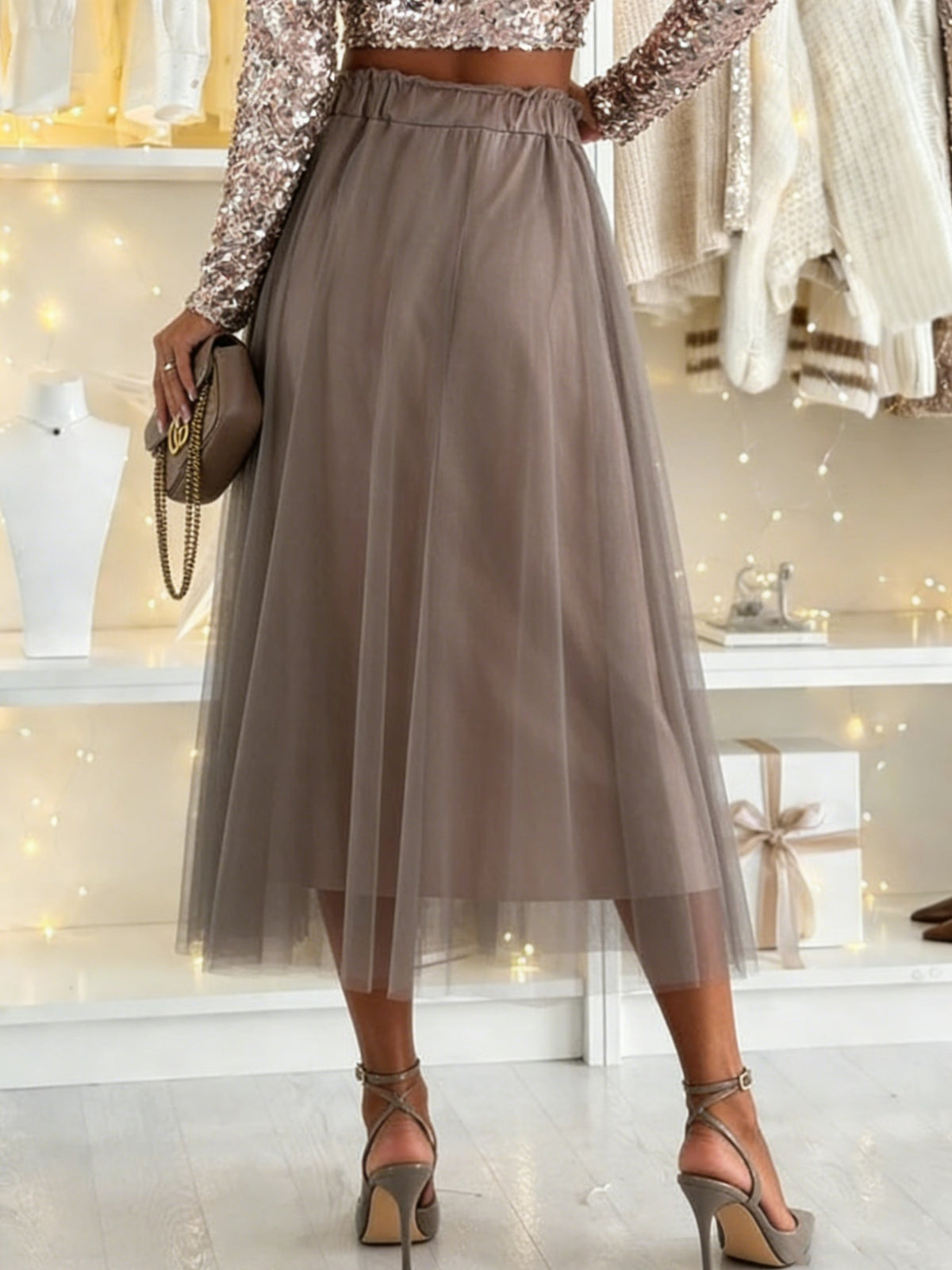 Tulle A-Line Midi Skirt in Taupe