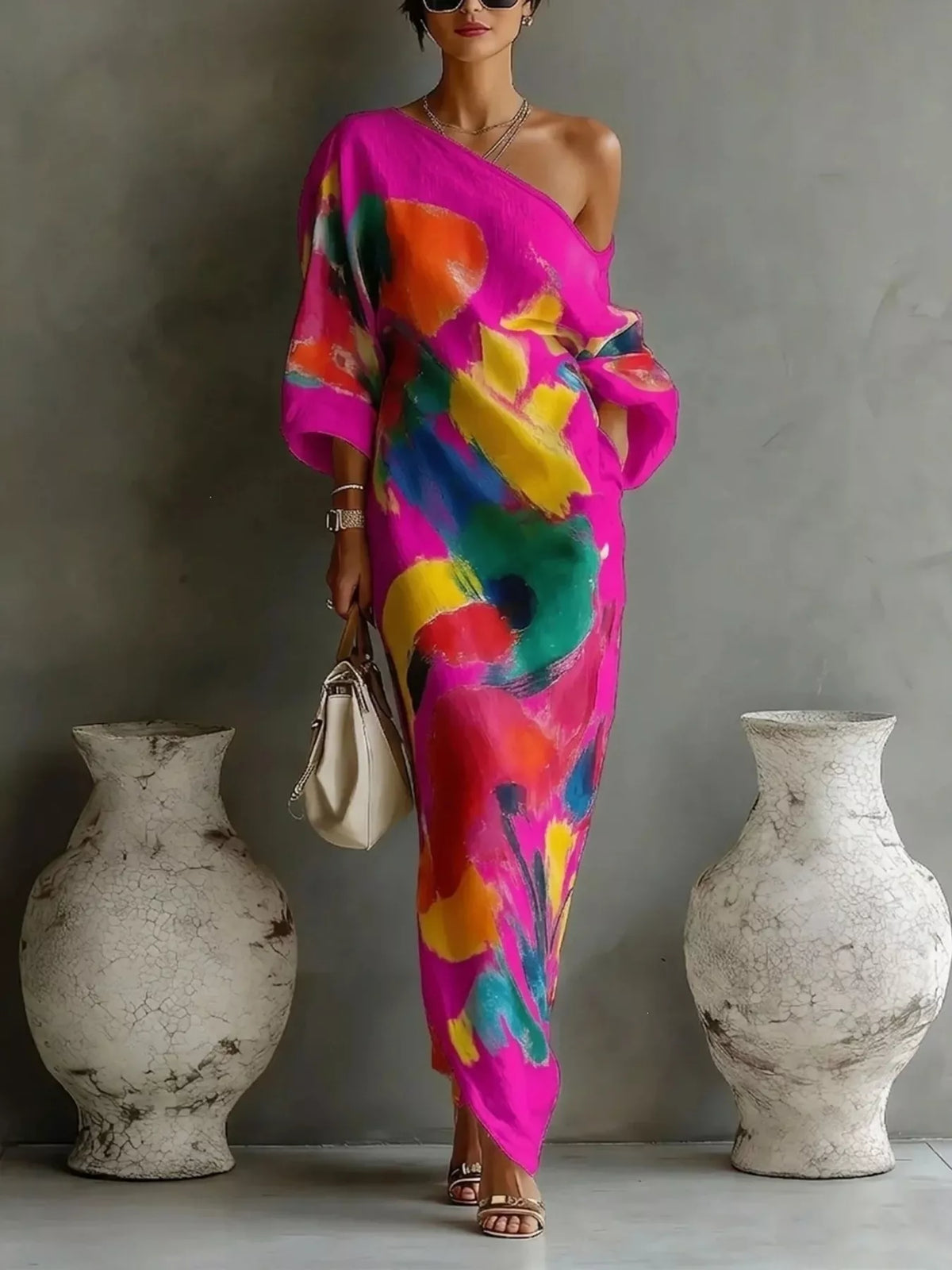 One-Shoulder Abstract Print Maxi Dress by Kaelinne