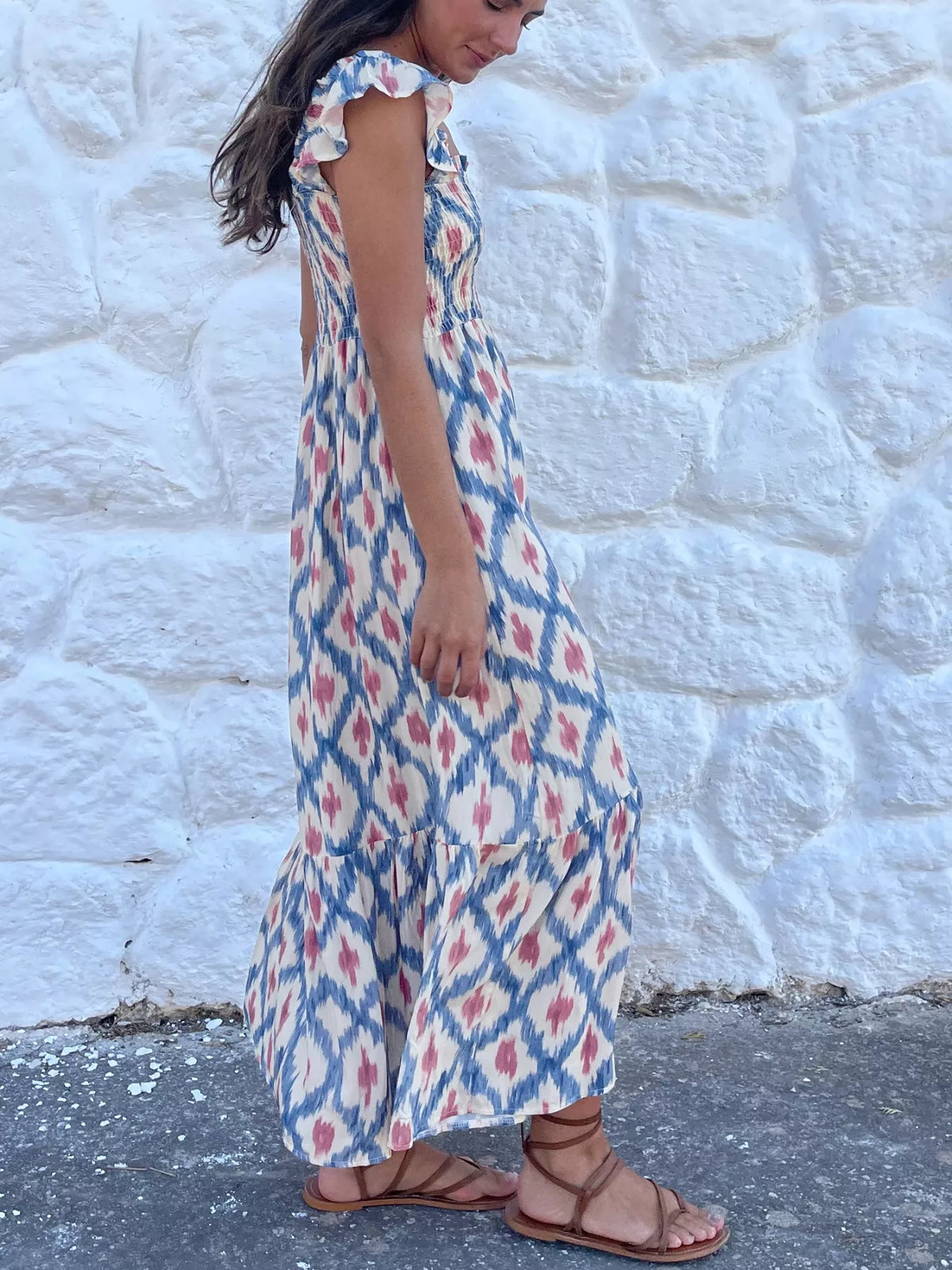 Smocked Ruffle Sleeve Maxi Dress in Floral