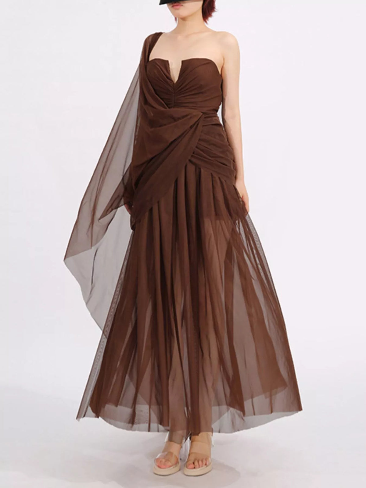One-Shoulder Mesh Dress in Coffee in Coffee Color