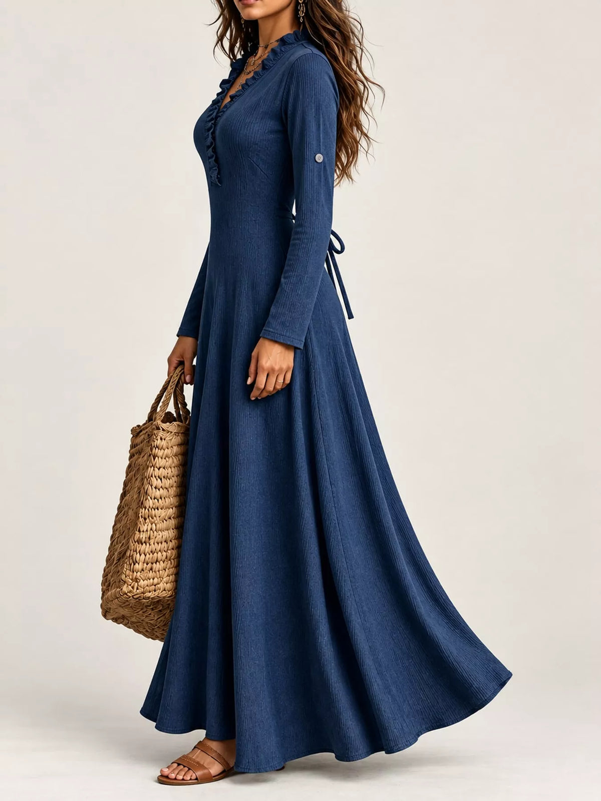 Frill Roll-Up Sleeve Maxi Dress