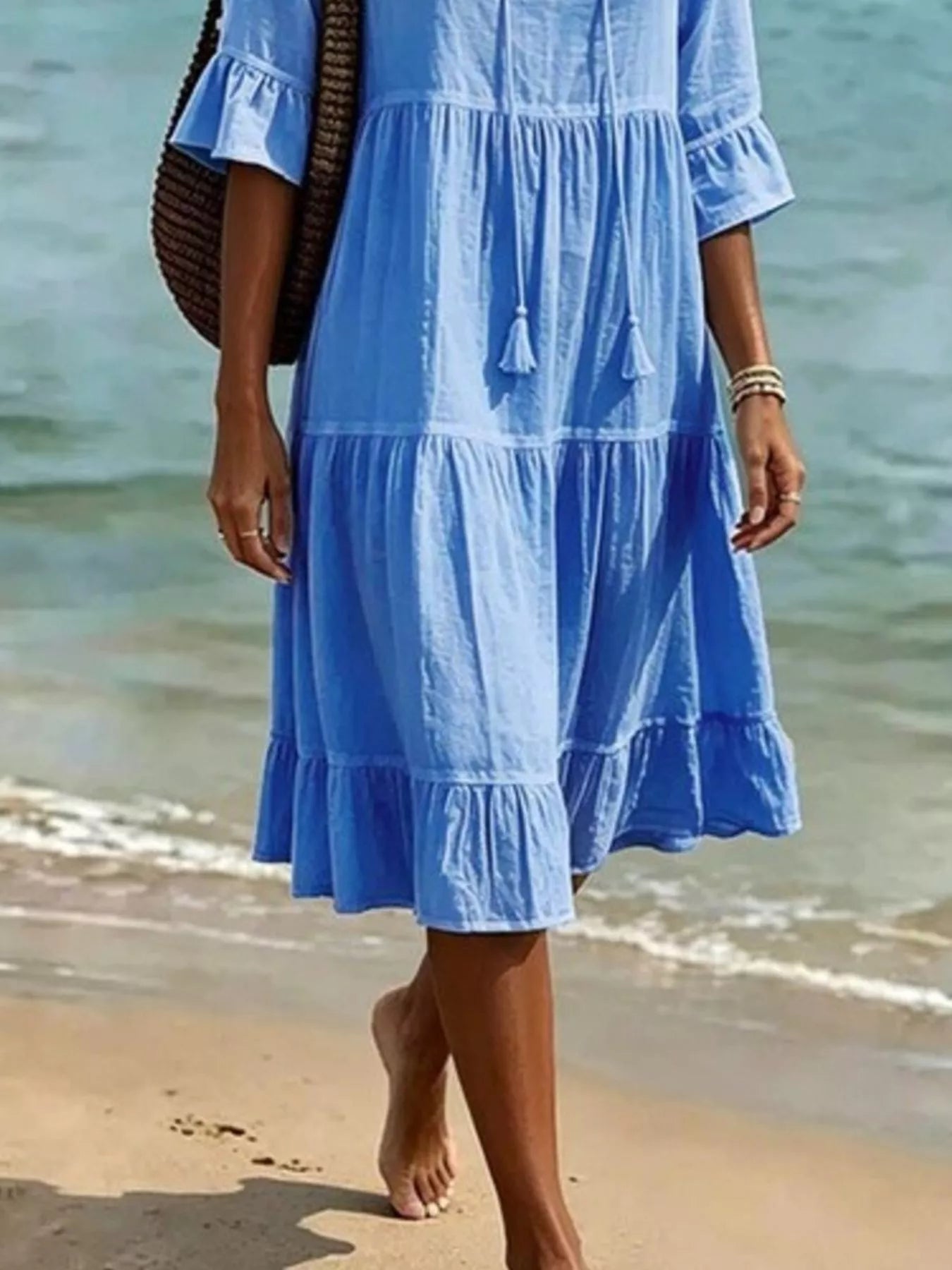 Tie-Neck Flounce Sleeve Tiered Dress