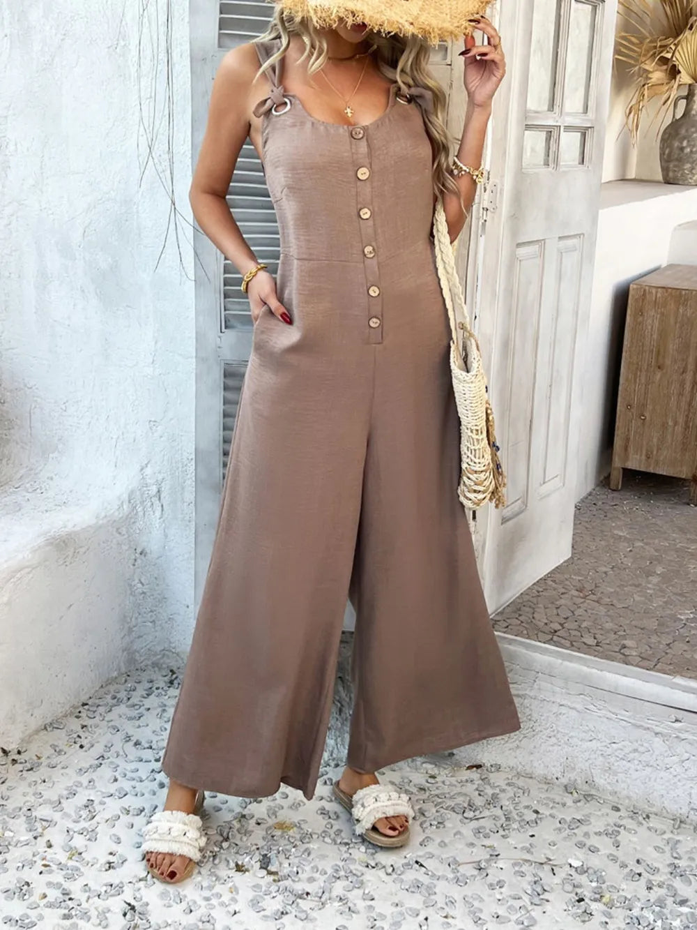 Button Front Wide Leg Jumpsuit