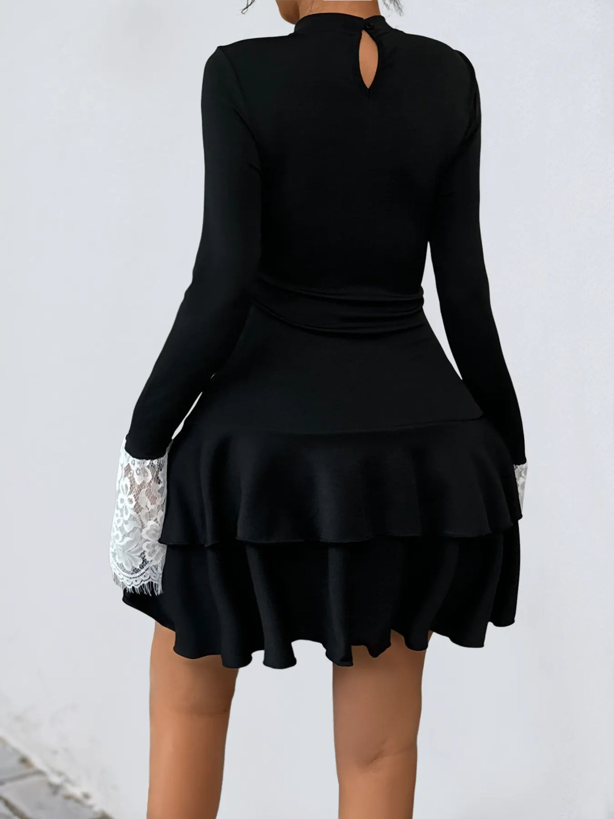 Lace Detail Long Sleeve Mini Dress in Black
