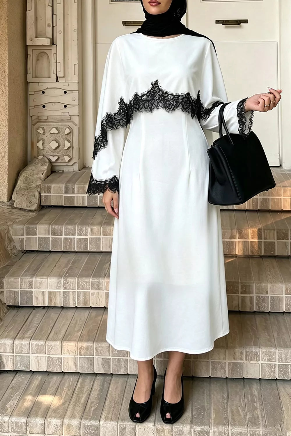 Lace Trim Round Neck Midi Dress in White