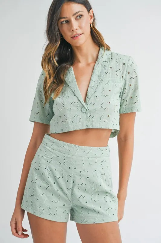 Eyelet Crop Top and Shorts Set in Mint
