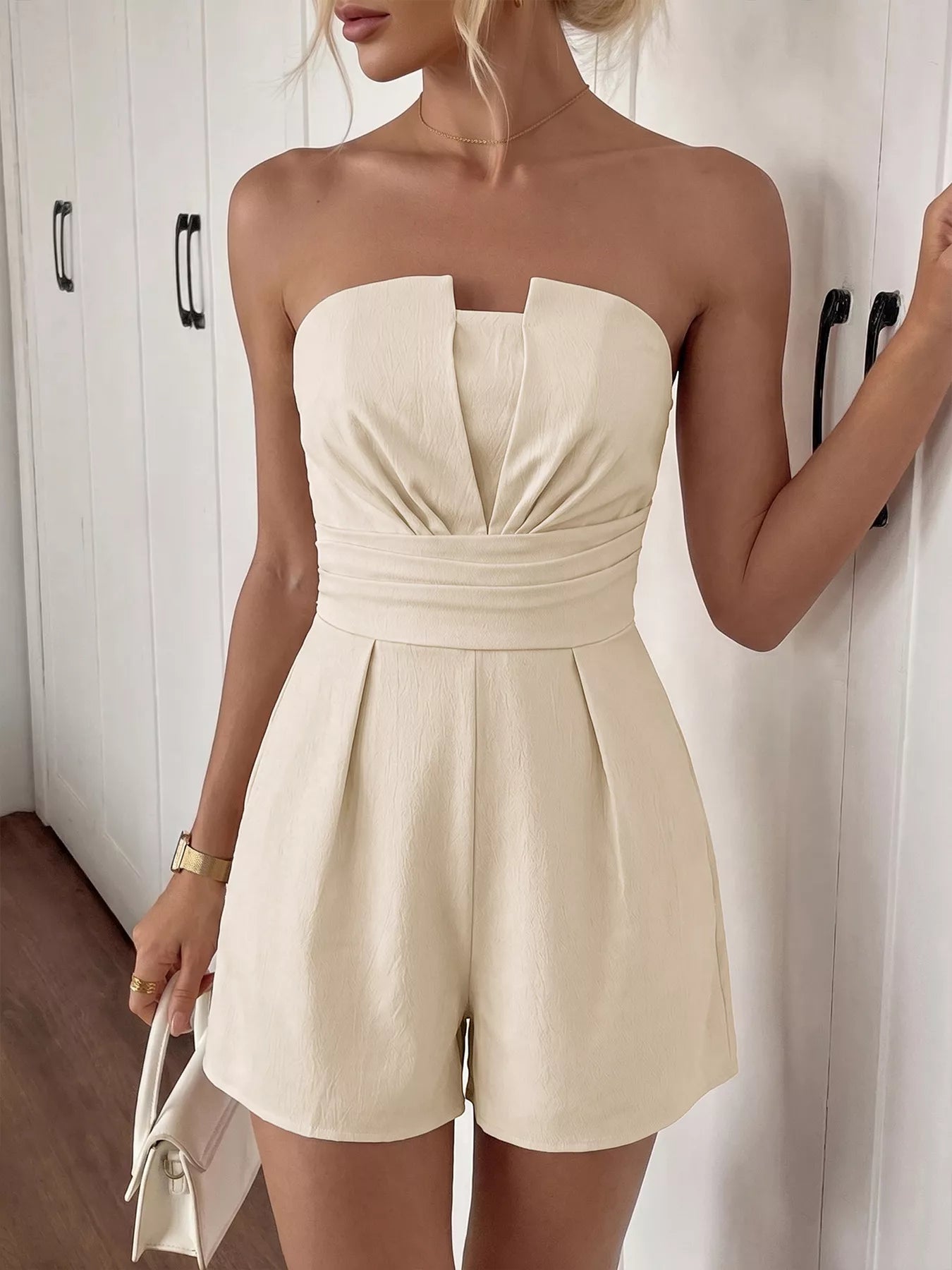Strapless Pleated Detail Romper in Apricot