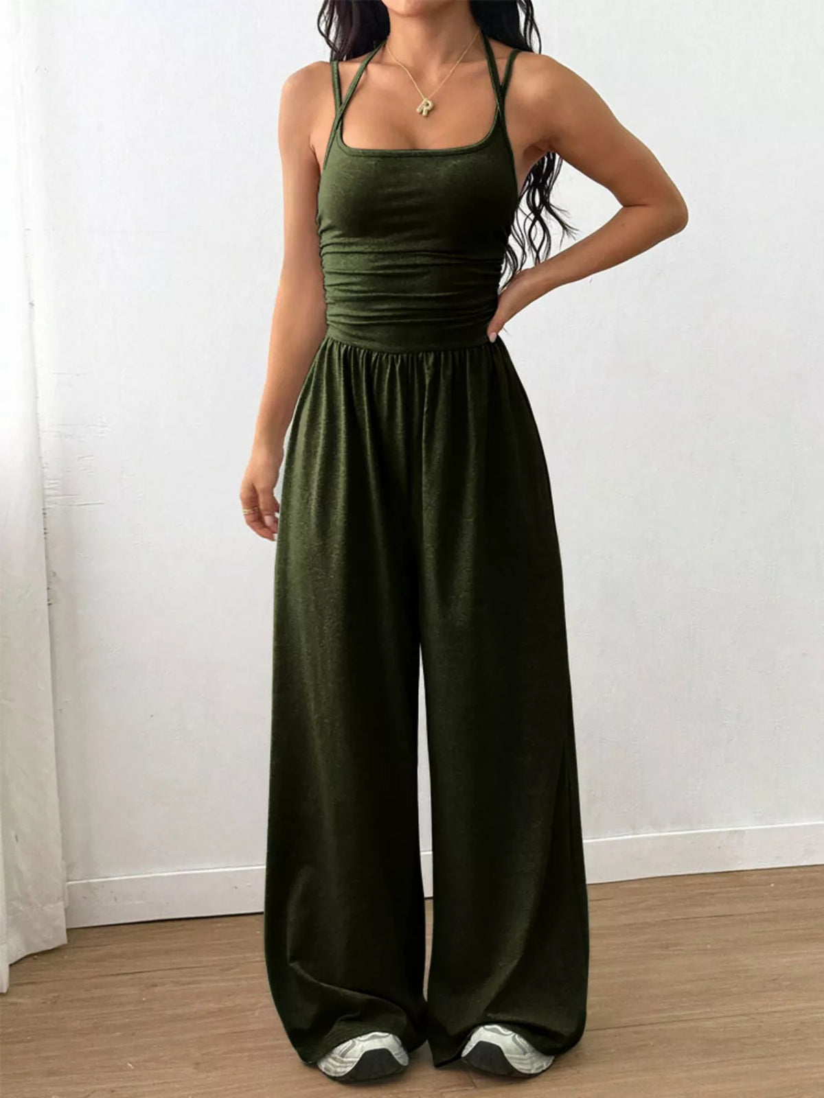 Ruched Spaghetti Strap Wide Leg Jumpsuit