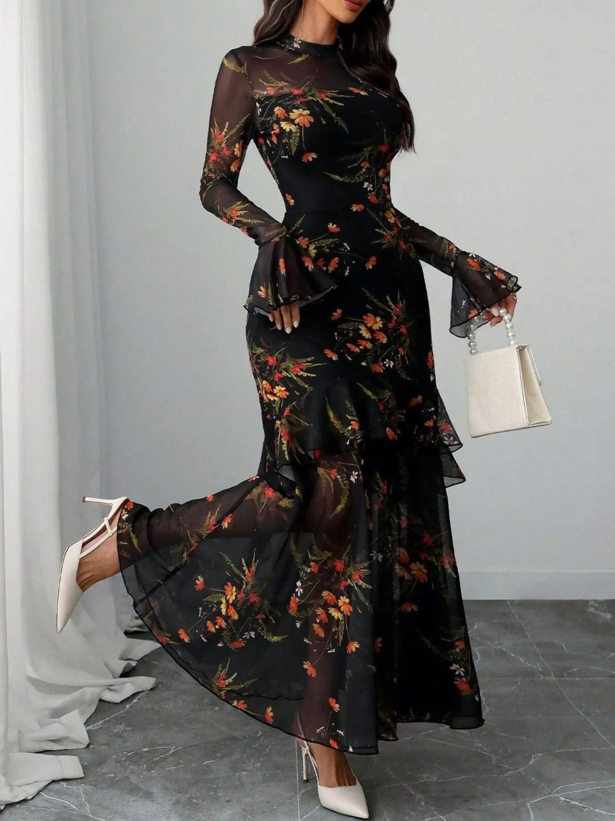 Flounce Sleeve Floral Mermaid Maxi Dress