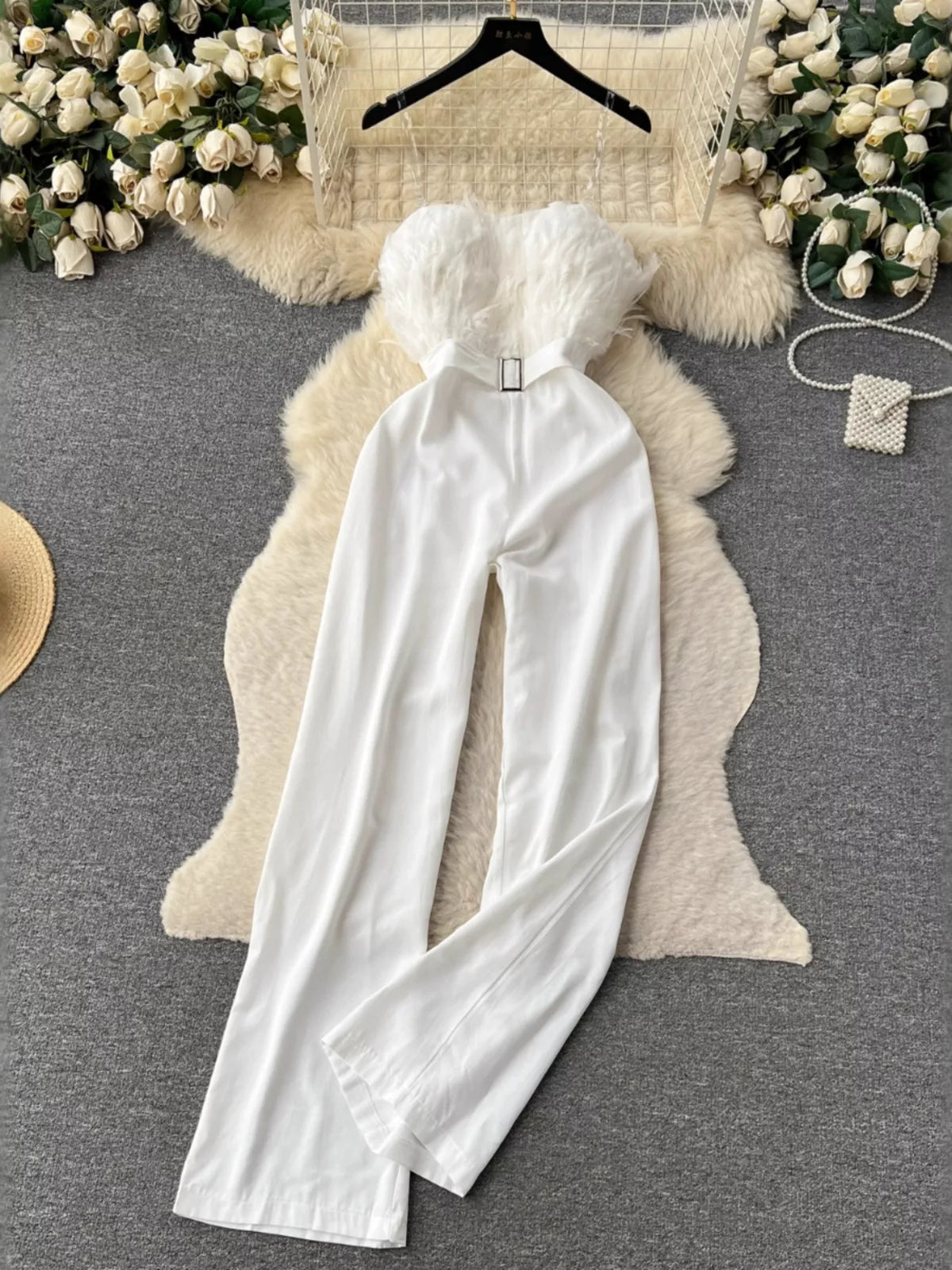Feather-Trim Strapless Wide Leg Jumpsuit
