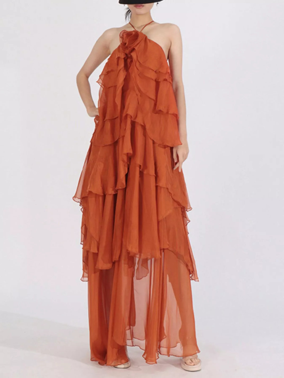 Ruffled Chiffon Halter Maxi Dress