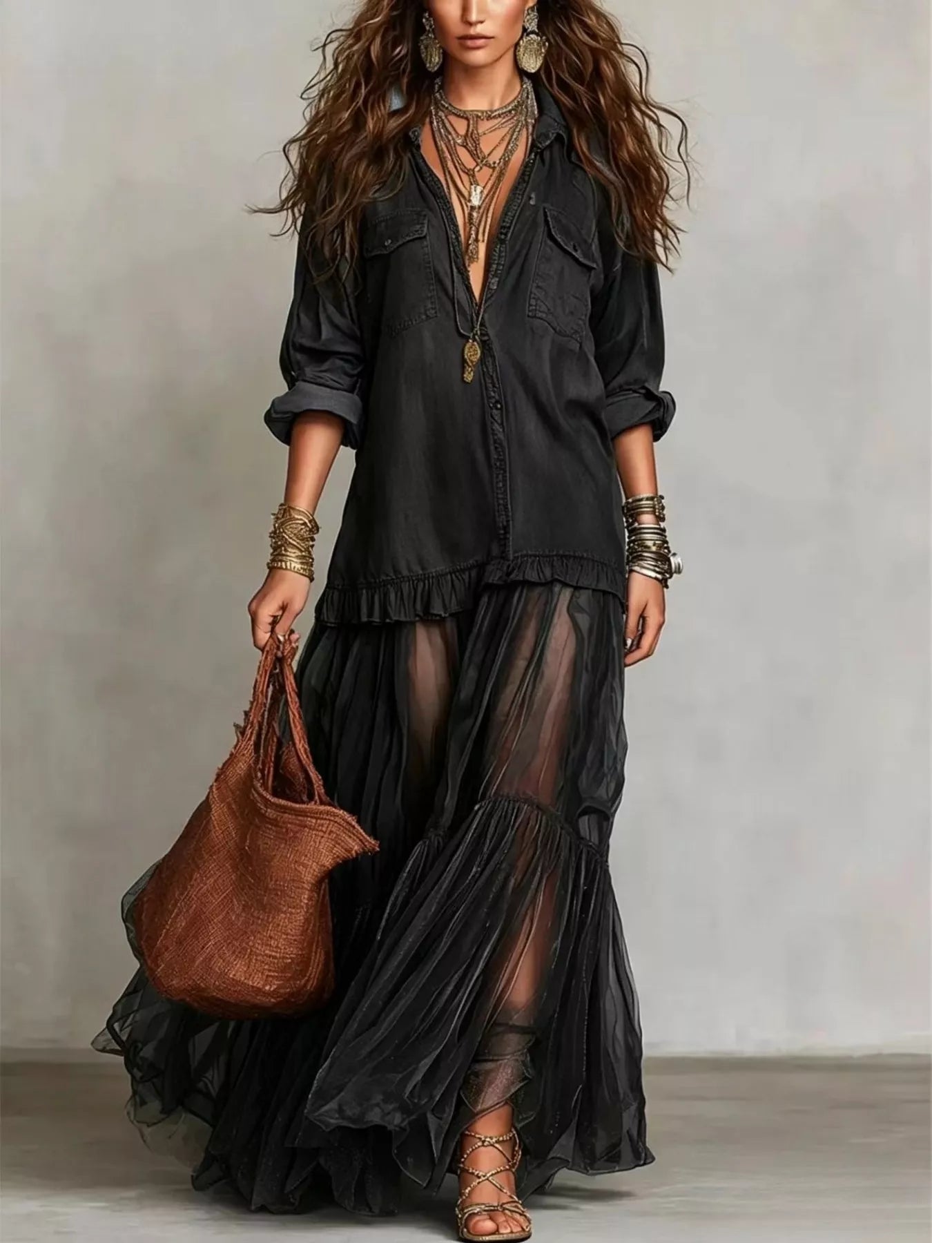 Tiered Long-Sleeve Denim Shirt Maxi Dress, Plus Size