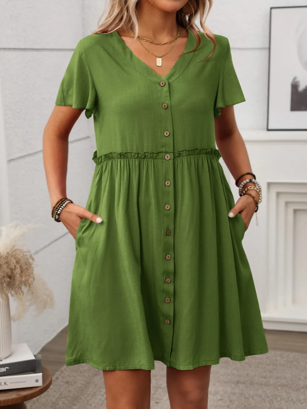Button Front Flutter Sleeve Dress with Frill Detail