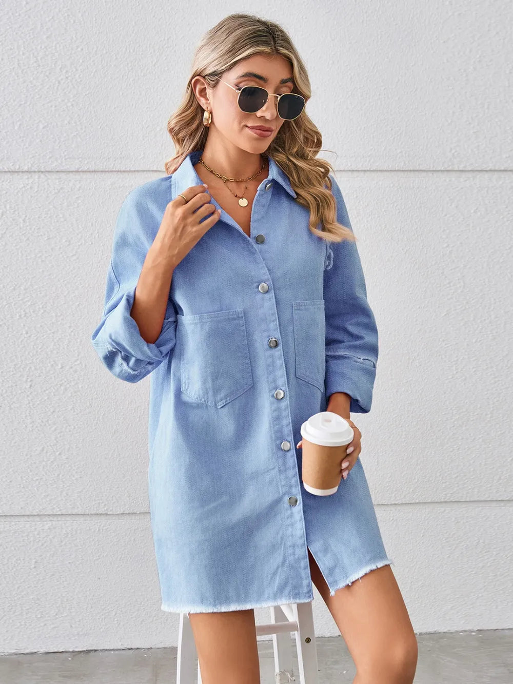 Raw Hem Button-Up Denim Dress by Manny