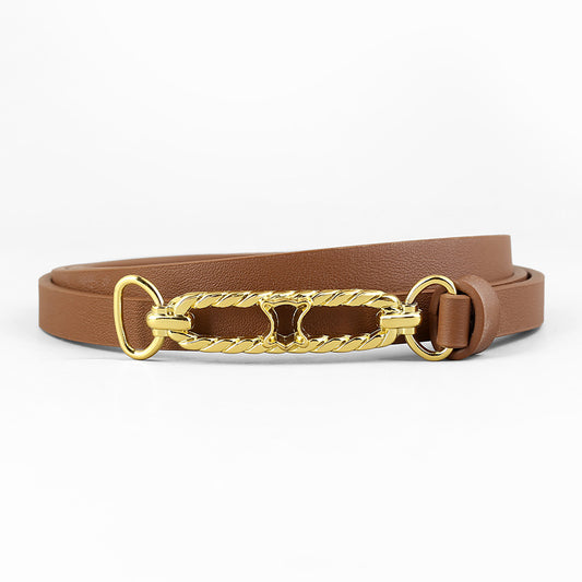 Ilussa Gold Buckle Skinny Leather Belt — Caramel Trio