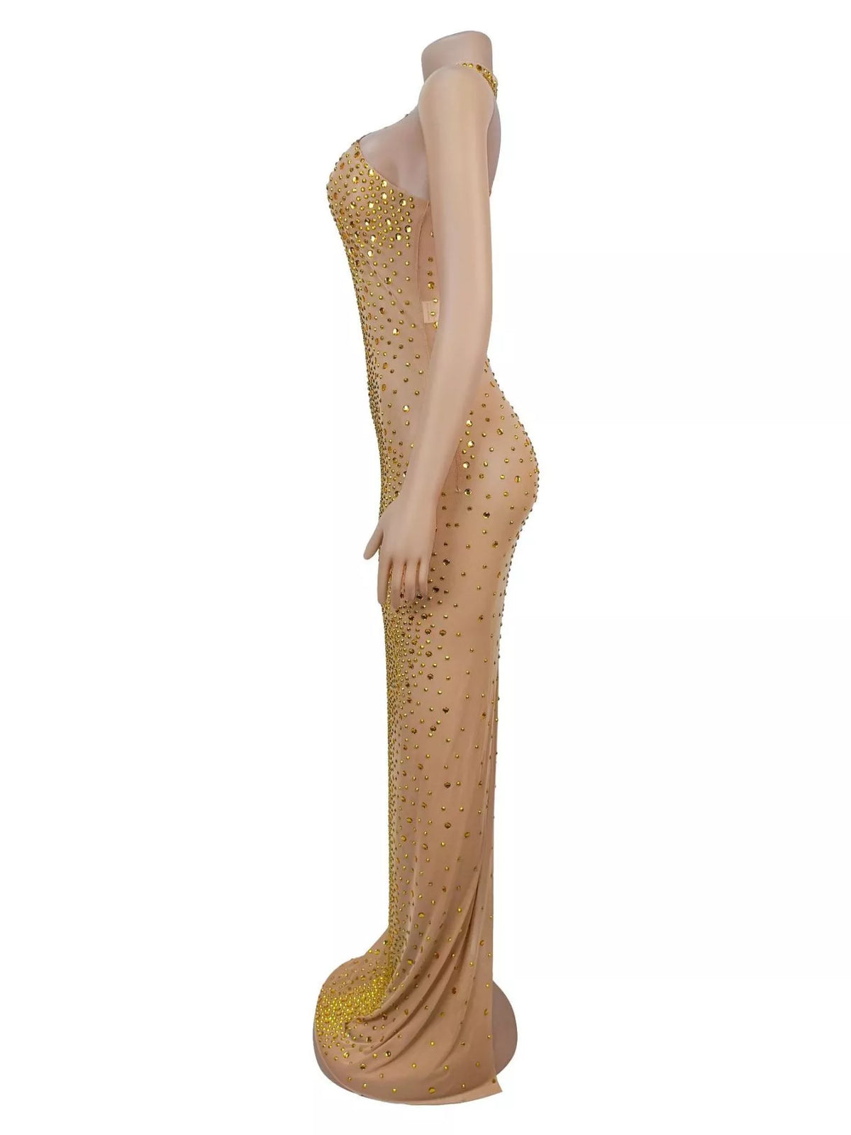 Rhinestone Embellished Mesh Dress with Back Slit in Gold