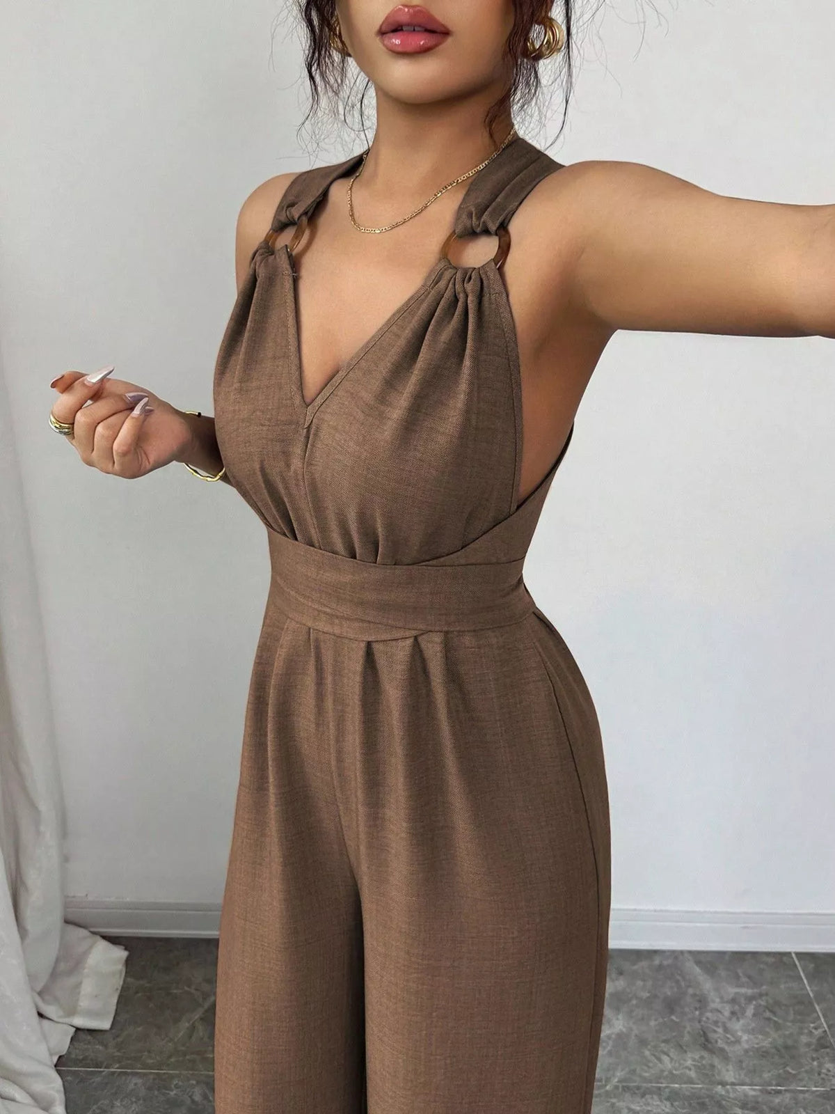 Sleeveless V-Neck Wide-Leg Jumpsuit with O-Ring Detail
