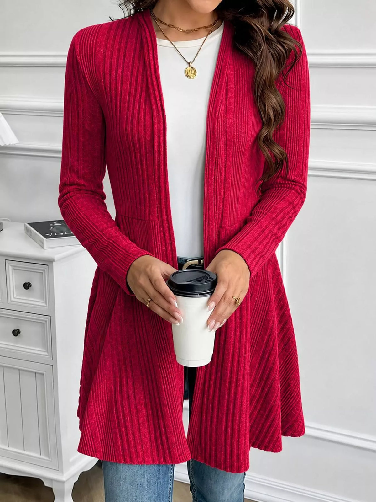 Ribbed Knit Open-Front Cardigan