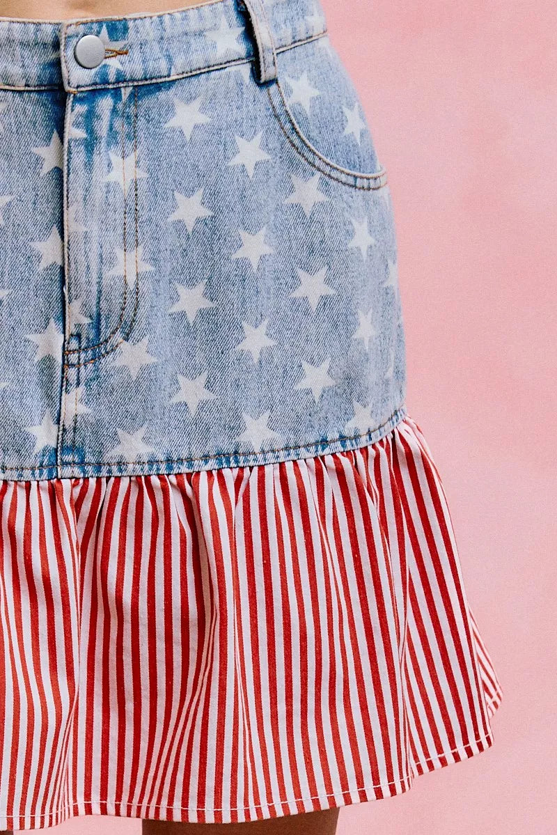 So Me Stars and Stripes Denim Mini Skirt in Blue and Red in Blue/red