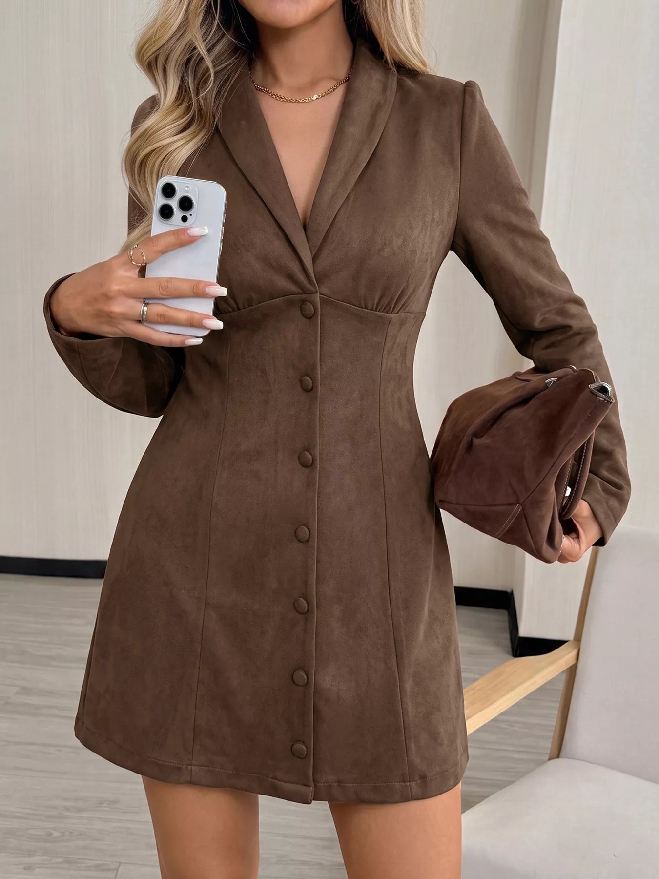 Button-Front Long Sleeve Blazer Dress in Coffee Brown