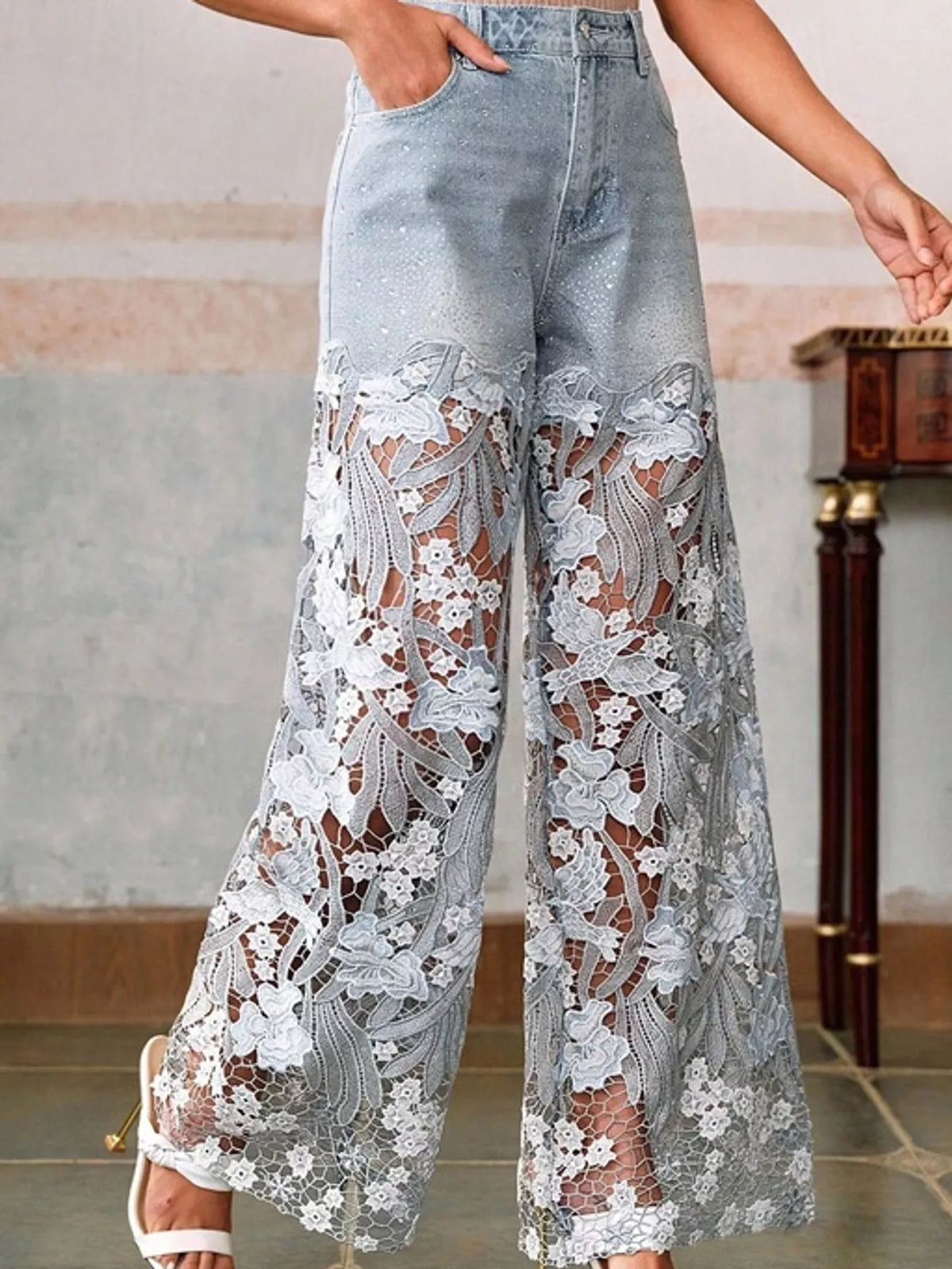 Lace Wide-Leg Jeans in Light Blue