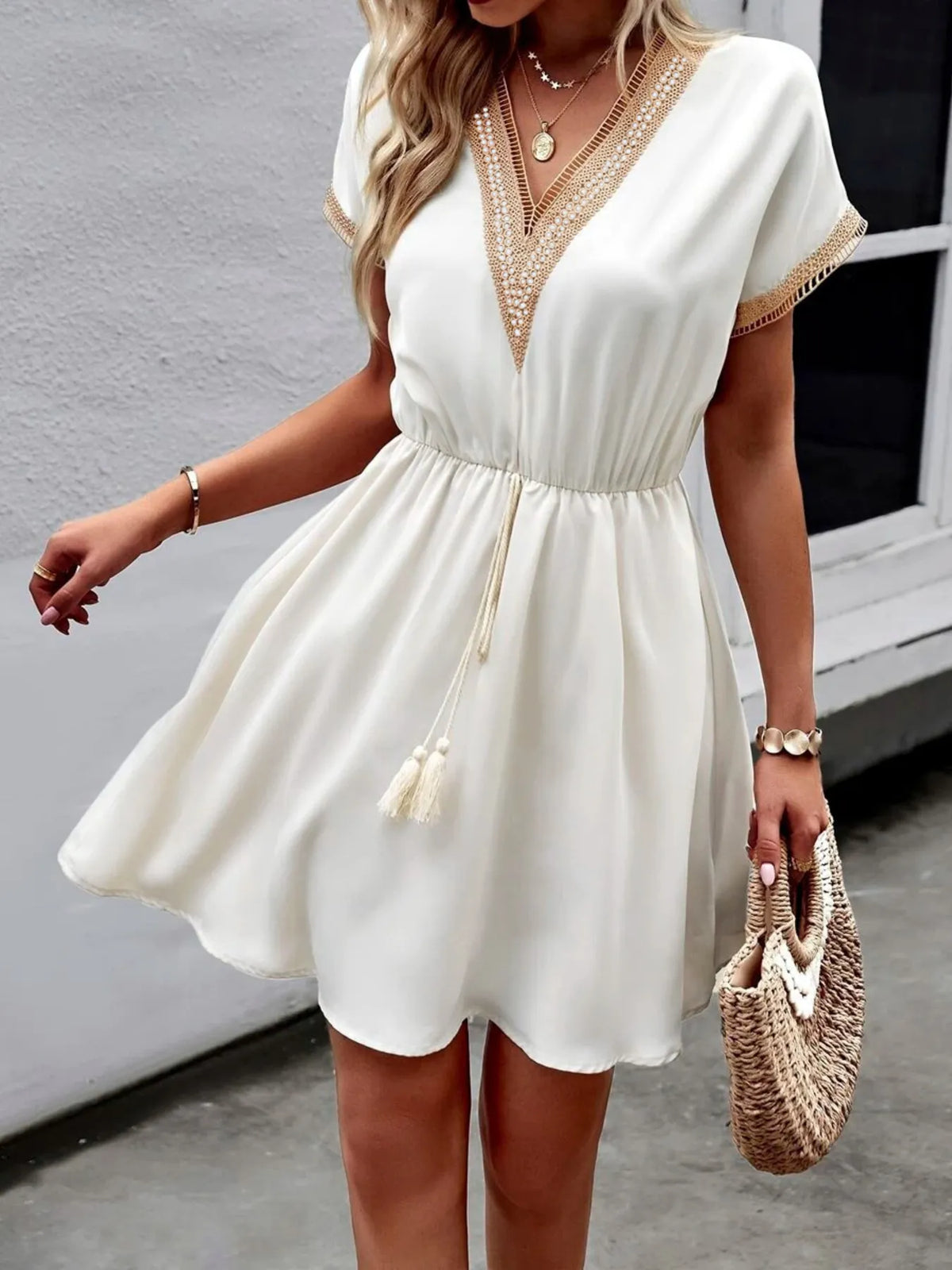 Tied V-Neck Short Sleeve Mini Dress