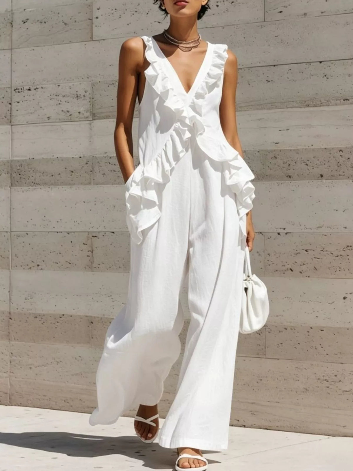 Ruffled V-Neck Sleeveless Jumpsuit