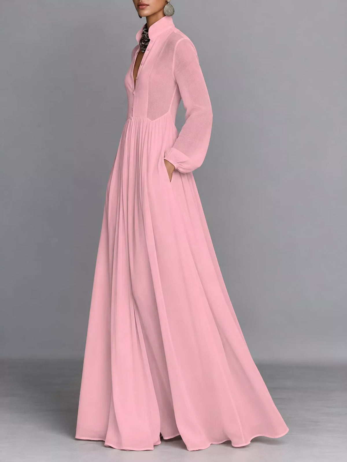 Long-Sleeve Button Front Maxi Dress