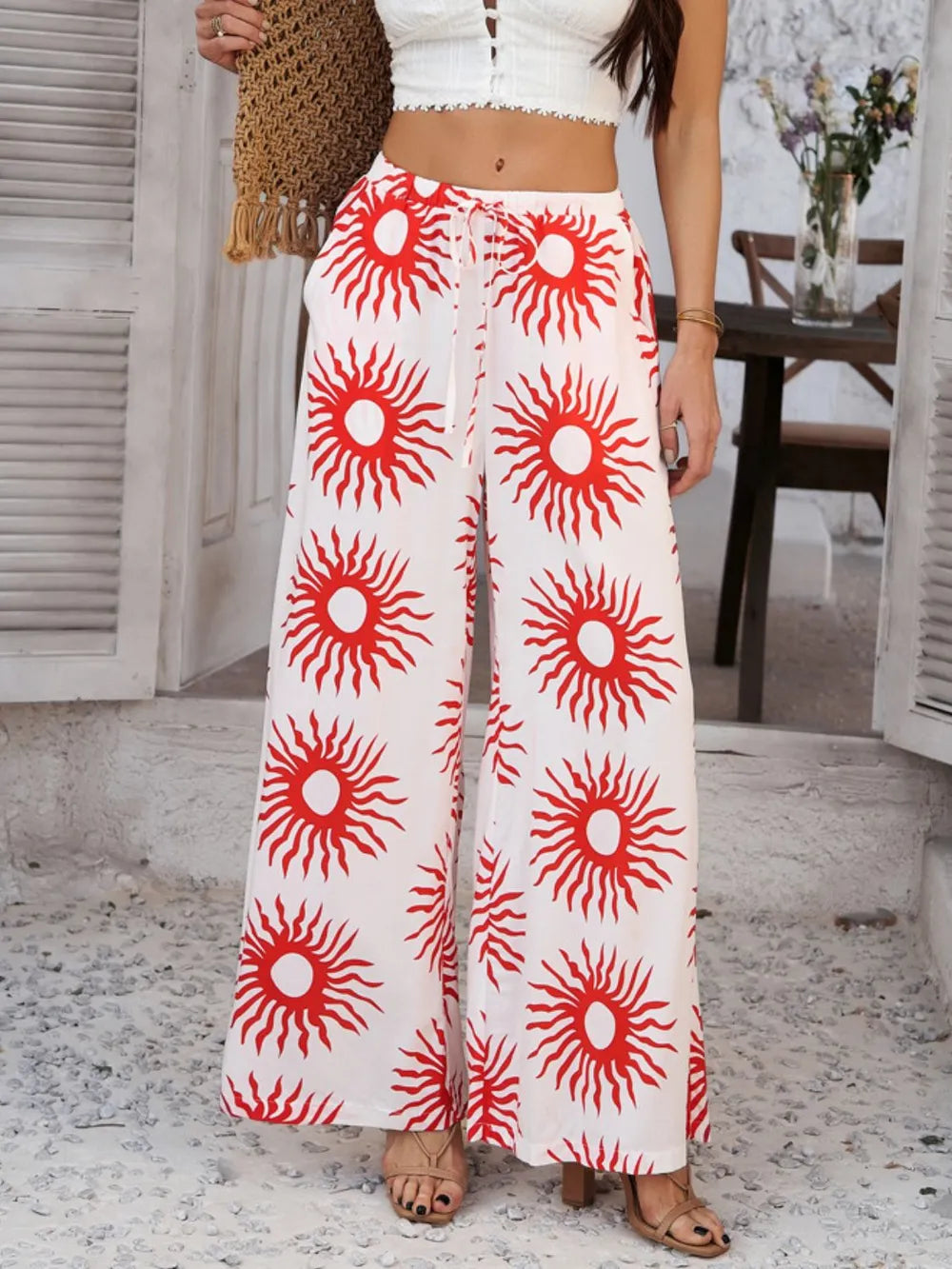 Drawstring Printed Wide Leg Pants
