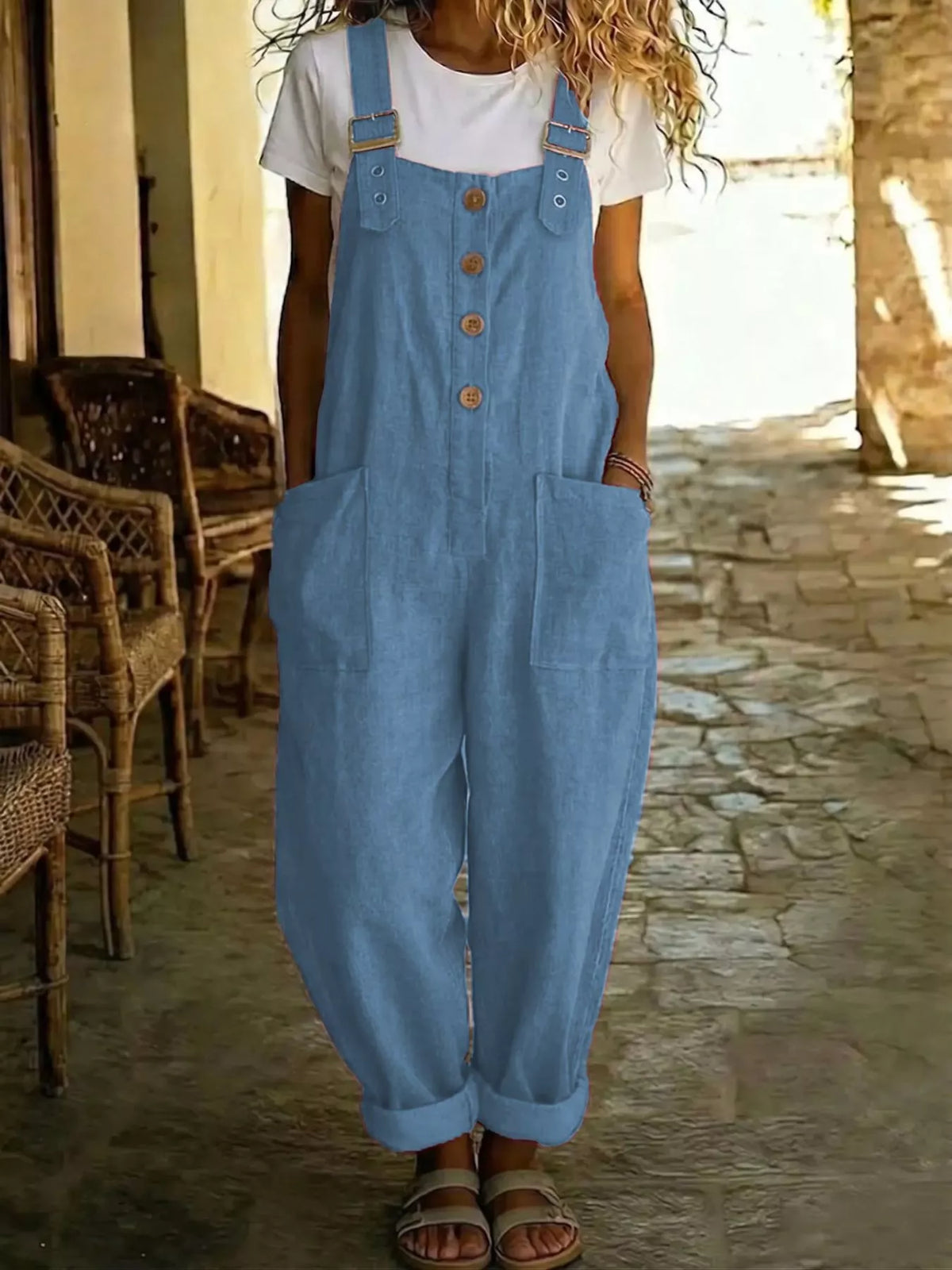 Button Front Wide Leg Overalls