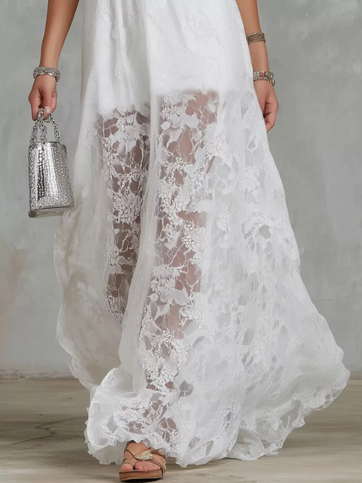 Halter Neck Lace Hem Maxi Dress in White