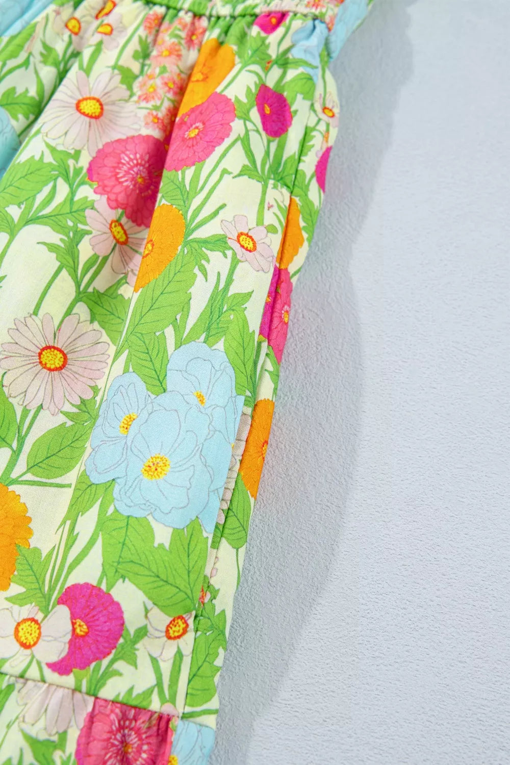 Floral Print V-Neck Puff Sleeve Cotton Maxi Dress in Lime