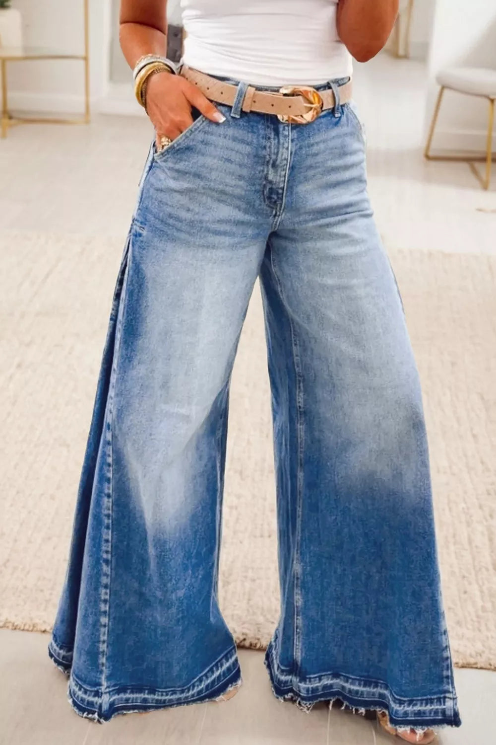 Side-Seam Gathered Flare Leg Jeans in Dusty Blue