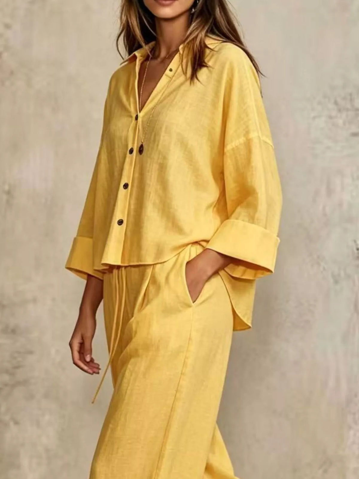 Button-Down Shirt and Wide-Leg Pants Set
