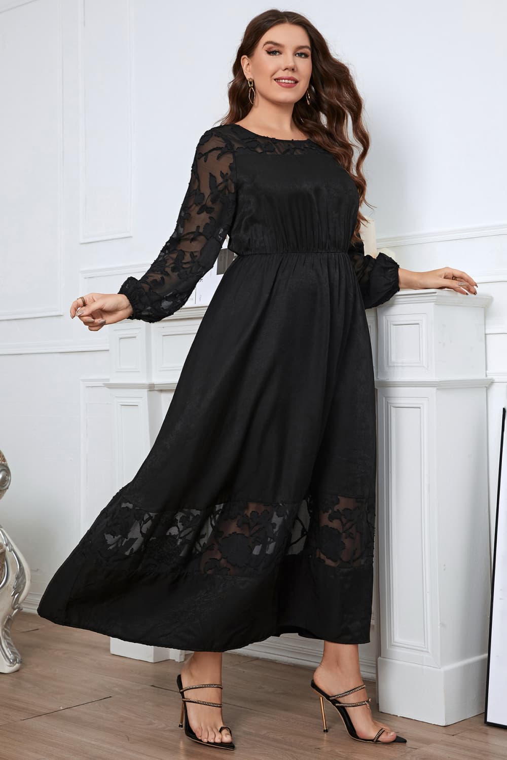 Embroidered Round Neck Long Sleeve Maxi Dress in Black