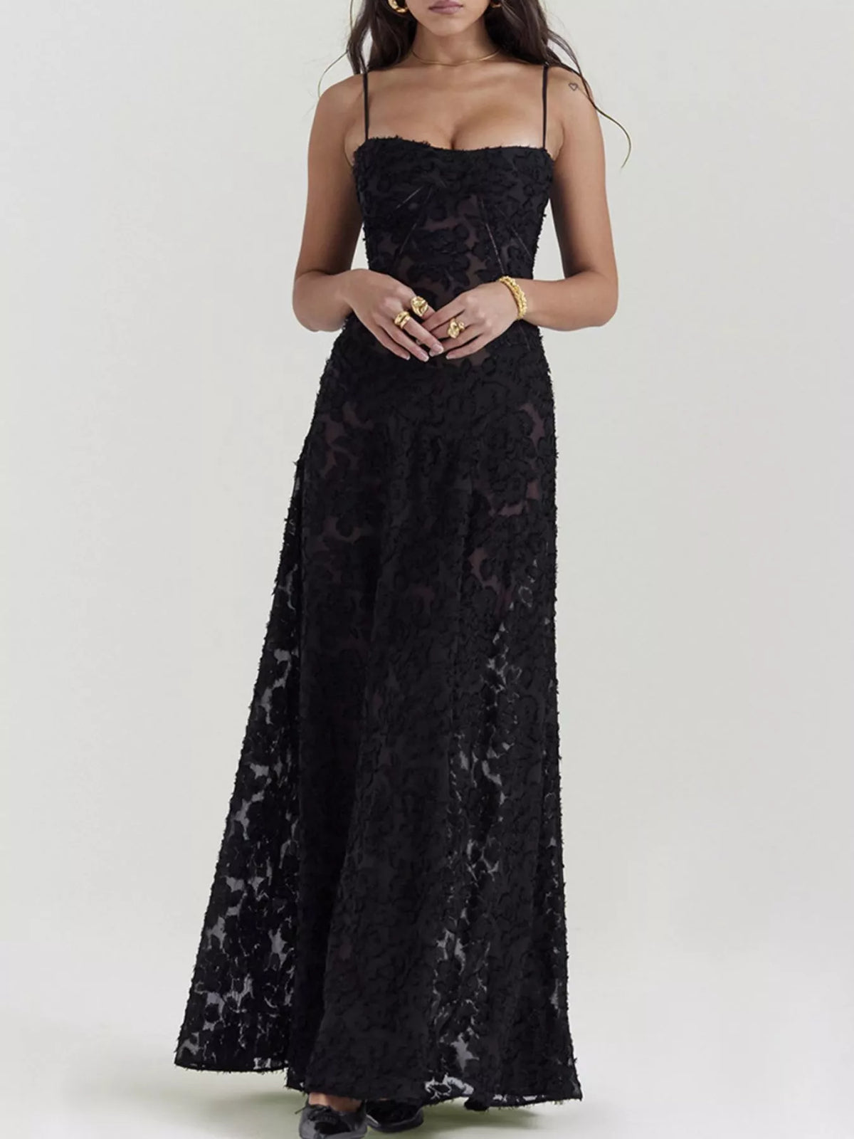 Lace-Up Spaghetti Strap Maxi Dress in Black by Elegant Elements