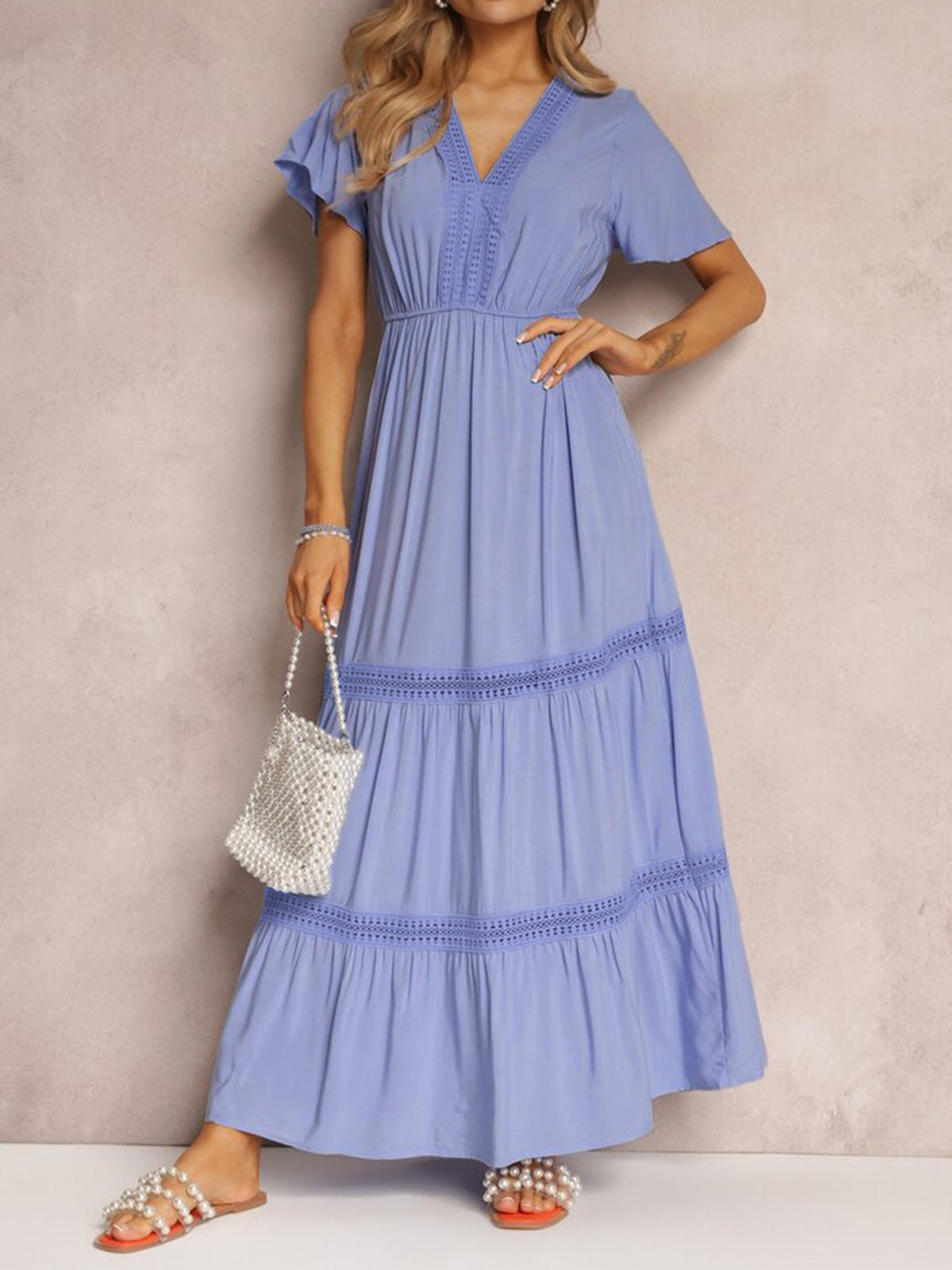 Lace Detail Tiered Maxi Dress in Blue Purple