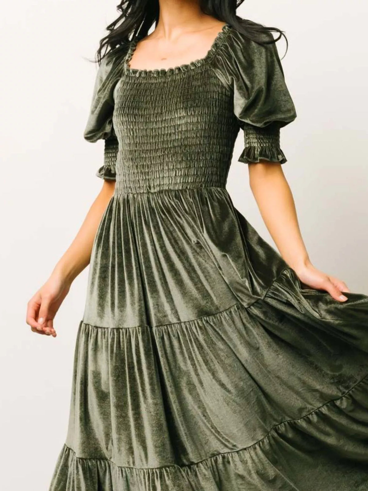 Smocked Tiered Velvet Midi Dress