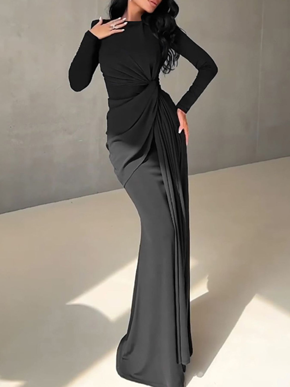 Ruched Knot-Front Long Sleeve Maxi Dress