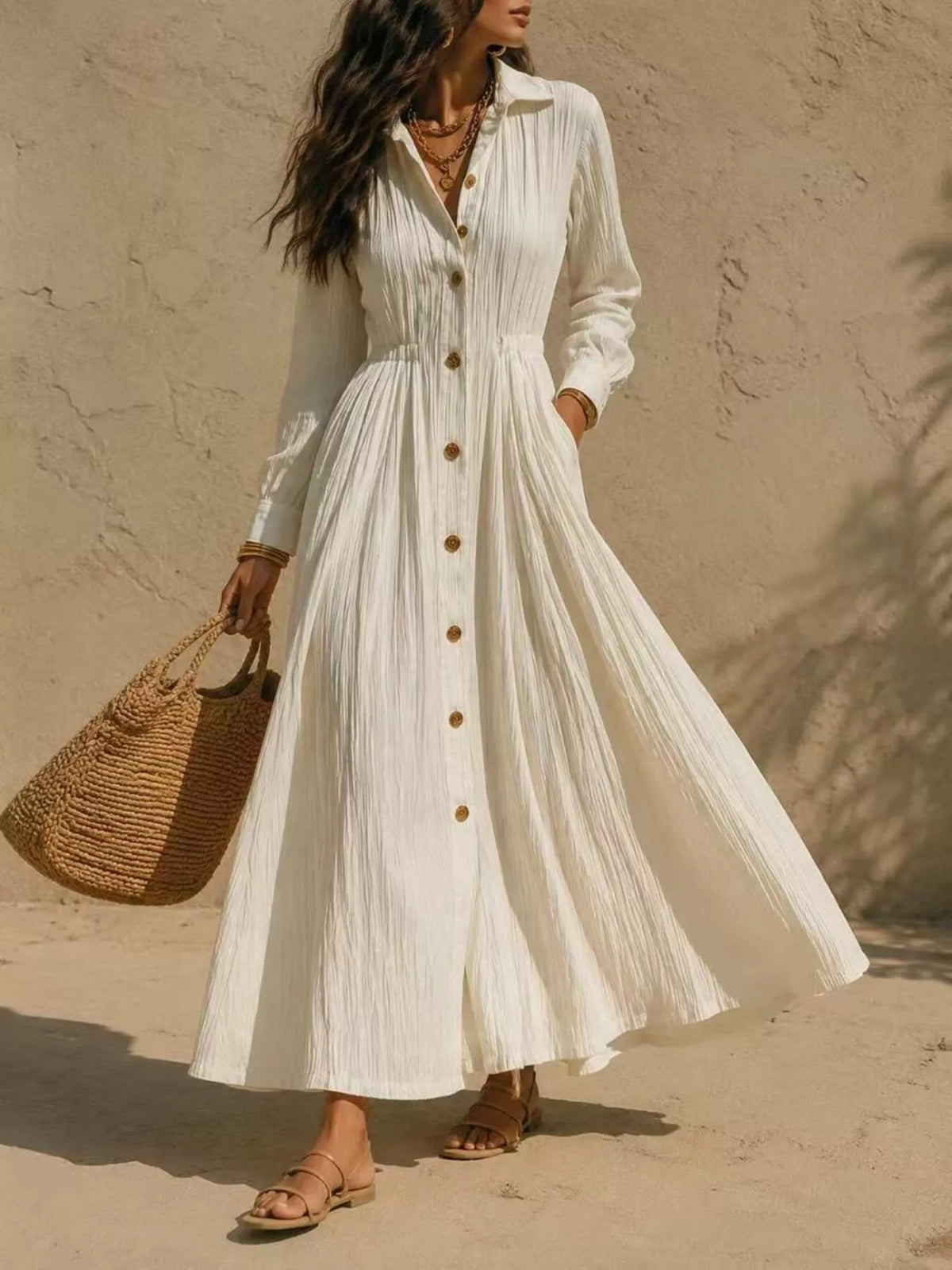 Button-Down Textured Maxi Shirt Dress