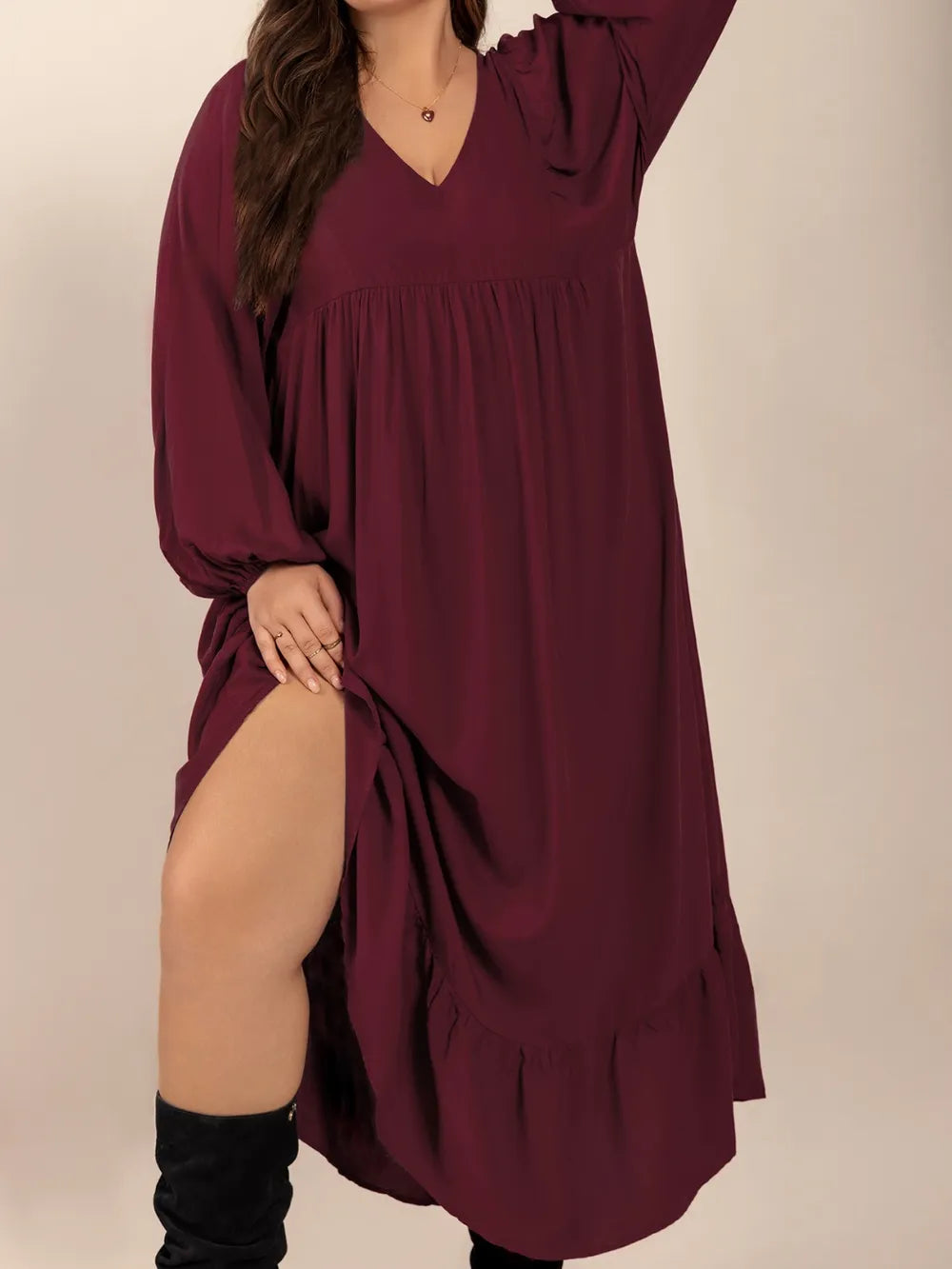 Ruffled Hem V-Neck Balloon Sleeve Dress in Burgundy