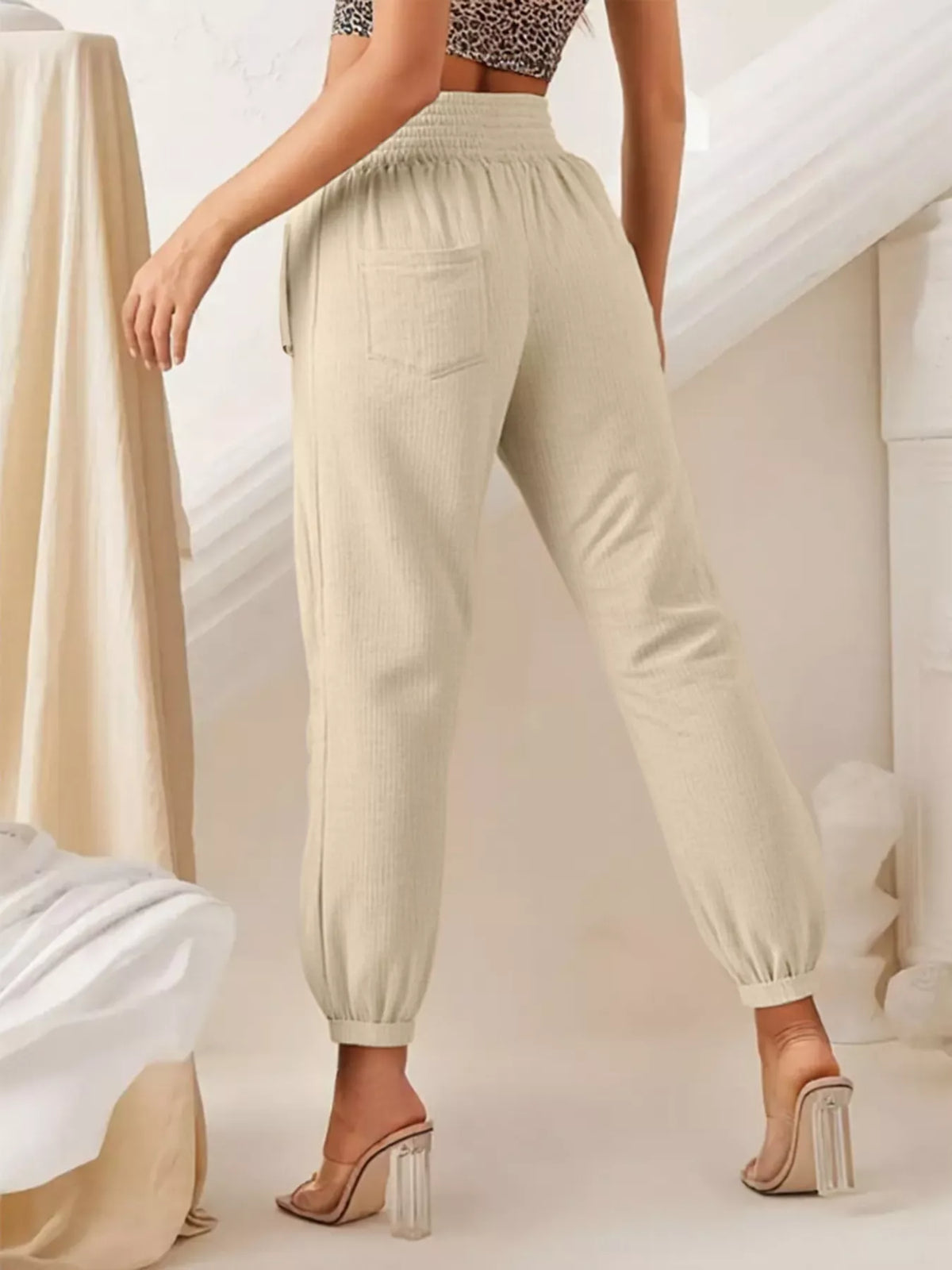 Smocked Textured Casual Pants in Beige
