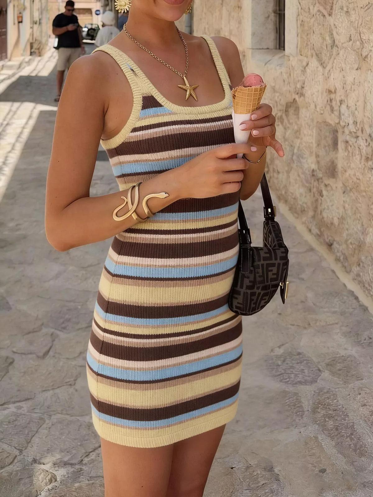 Striped Scoop Neck Knit Mini Dress in Yellow