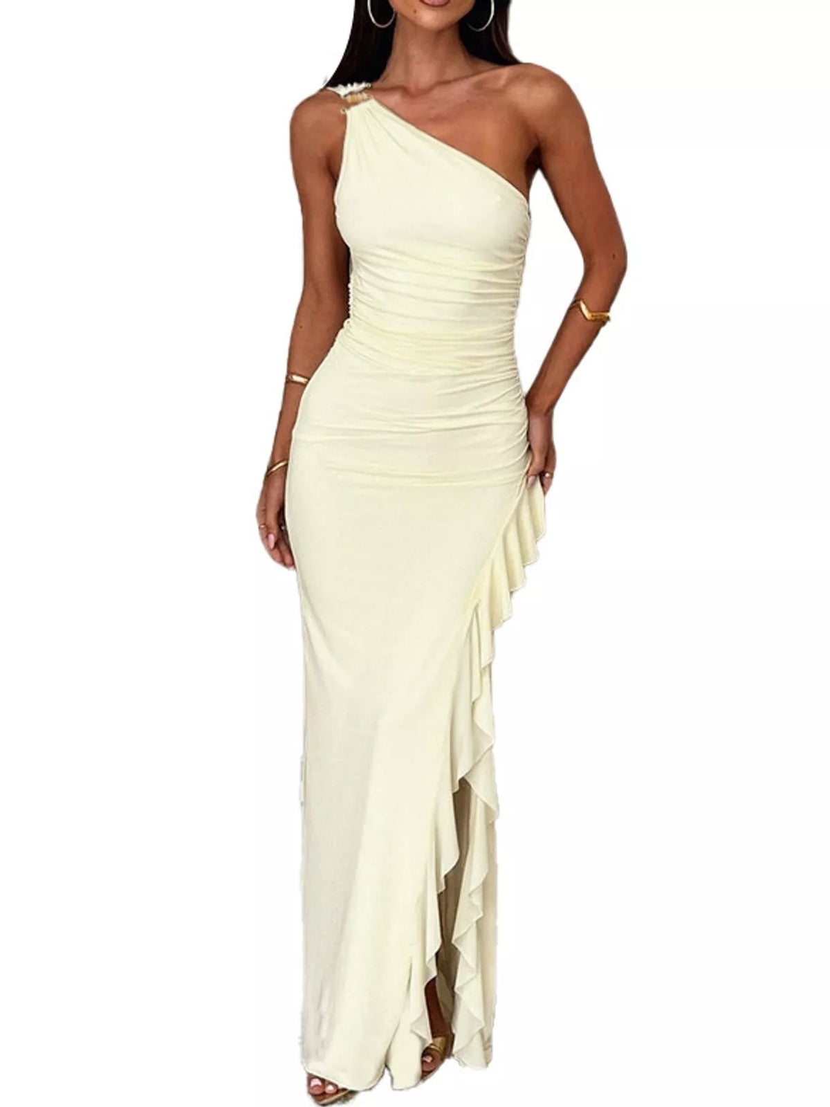 One-Shoulder Ruched Ruffle Hem Maxi Dress