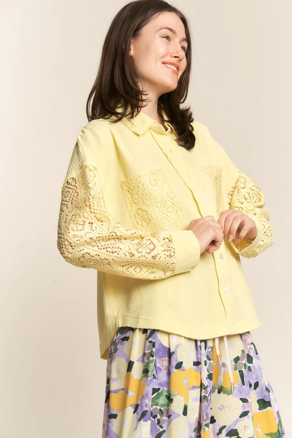Lace Detail Waffle Shirt in Yellow by J.NNA