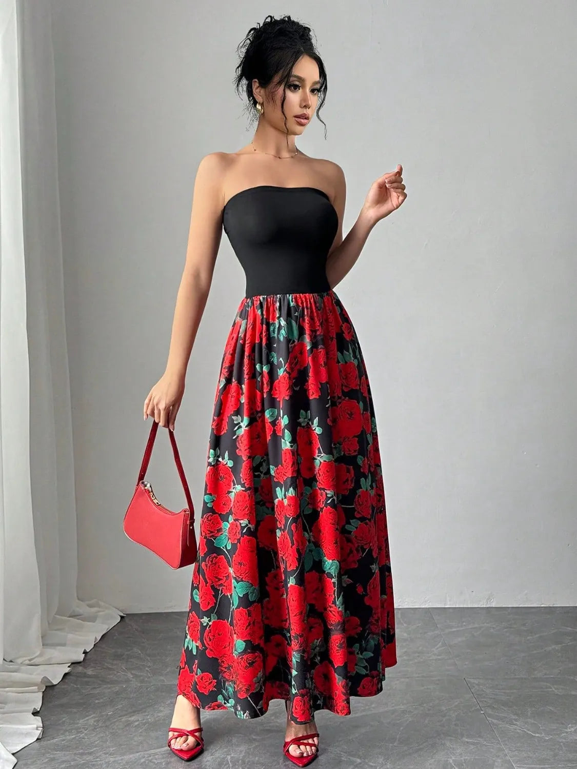 Floral Tube Maxi Dress in Black