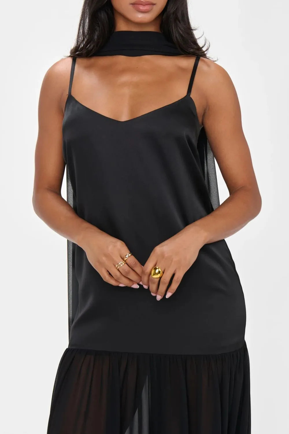 Adjustable Strap Mesh Cami Dress with Scarf