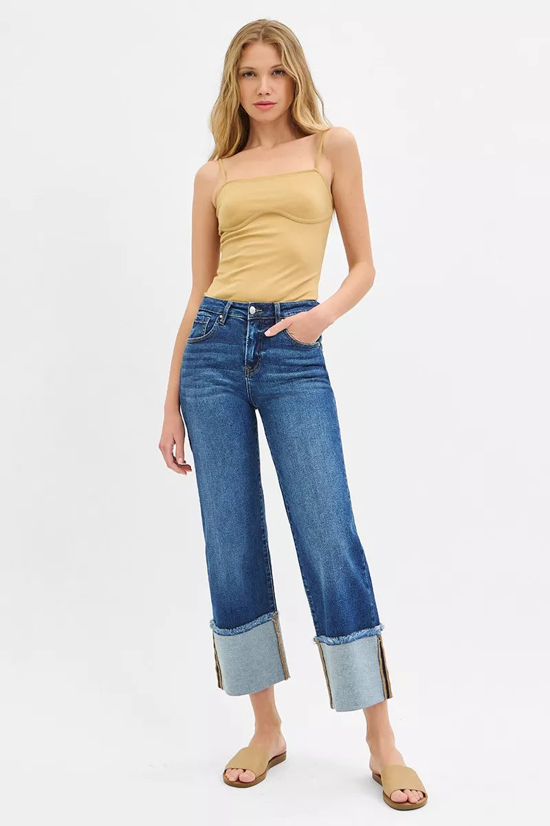 Risen Raw Hem Mid Rise Wide Crop Jeans in Dark Wash