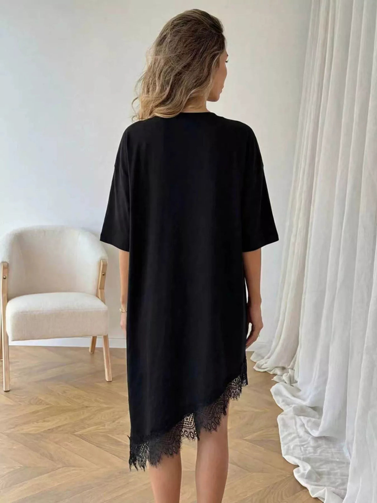 Asymmetrical Hem T-Shirt Dress with Lace Trim